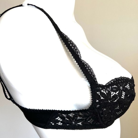 Vintage Lou Bra from Paris France Dainty Daisy Lace flowers & Bows Black 34B 36C - Picture 9 of 15